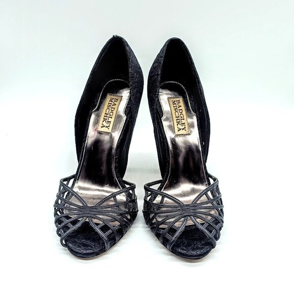 Badgley Mischka Black Webbed Peep Toe Heels 7.5M - Picture 1 of 8